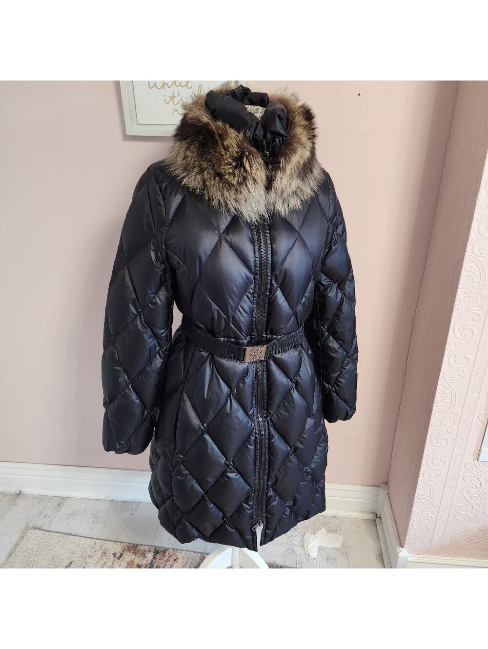 NWT Coach Black Long Puffer Coat Removable Fur Collar Belt Women’s L $598